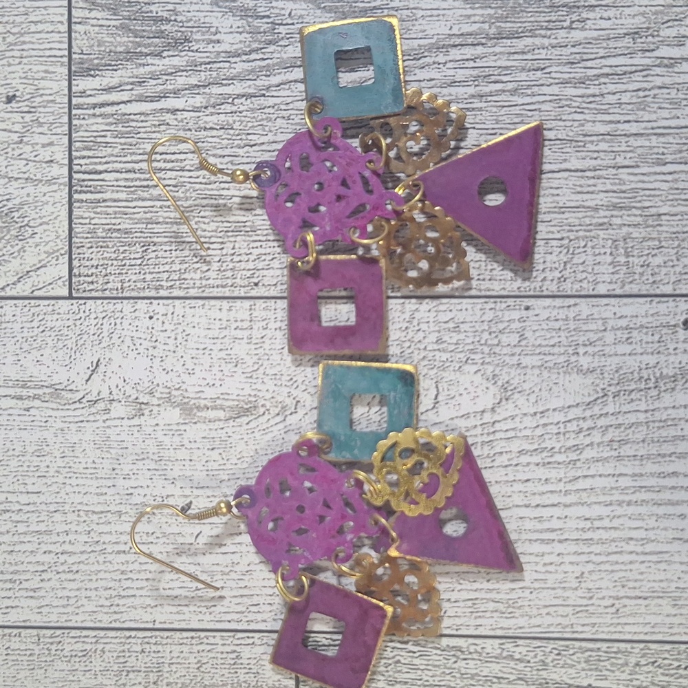 Purple and Teal Goldtone Geometric Earrings